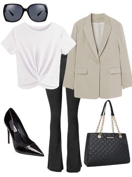 A woman's black flare legging outfit idea with a tan blazer, black heels, white crop top, black purse, and black sunglasses.