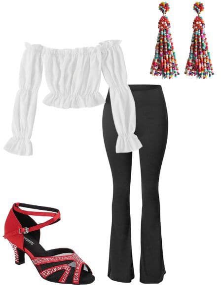 A womans salsa dancing outfit idea with a white crop top, black leggings, red heels, and tassel earrings.