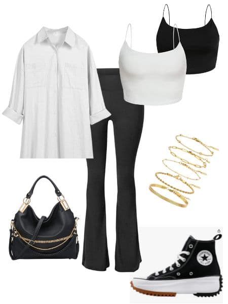 A women's black flare leggings outfit idea with a white button up shirt, cami tank tops, platform converse sneakers, gold bracelets, and a black handbag. 