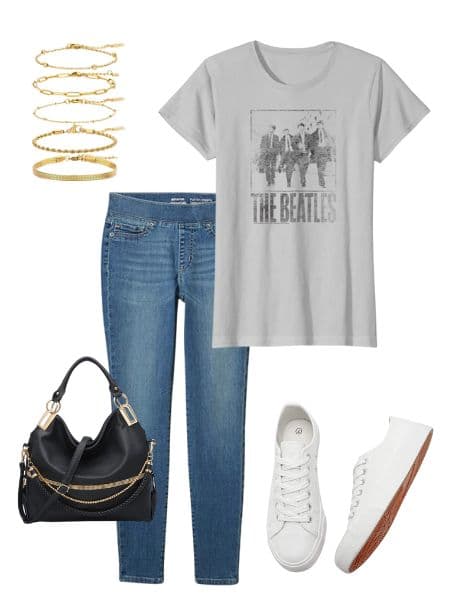 A womens outfit idea with jeggings, white sneakers, a band tshirt, gold bracelets, and a black purse.