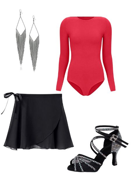 A womens salsa dancing outfit idea with a red long sleeve bodysuit, black wrap skirt, black heels, and silver drop earrings.