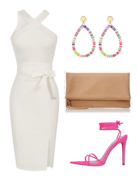 A womens white midi dress, pink strappy heels, colorful earrings, and a tan clutch purse.