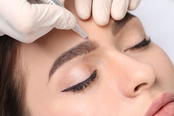 A young woman having microblading done on her eyebrows.