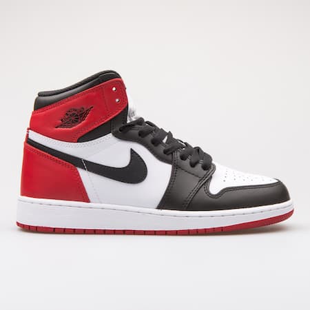 black, white, and red jordan high top sneakers.