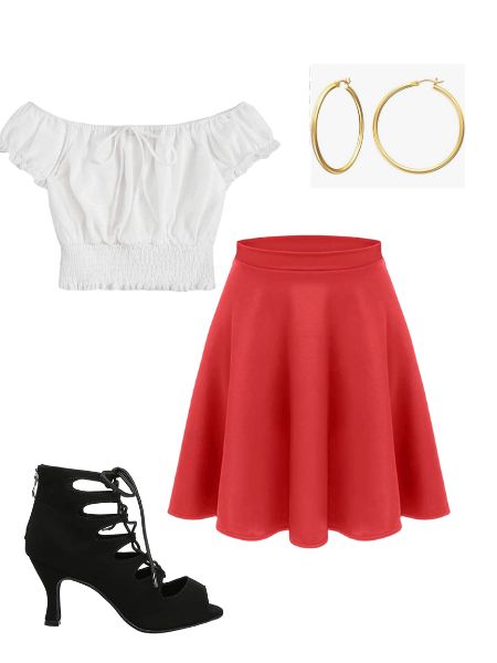 A womens salsa dancing outfit with a red midi skirt, white off shoulder crop top, black heels, and gold hoop earrings