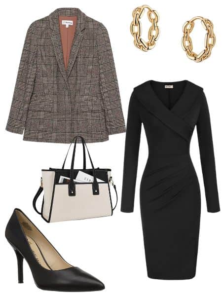 A womens work outfit idea including a plaid blazer, midi dress, heels, hoop earrings, and a tote purse.