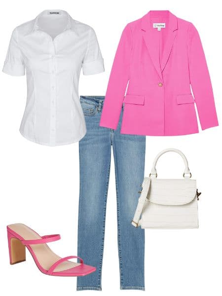 A woman's blazer and white dress shirt outfit idea with heels and a purse.