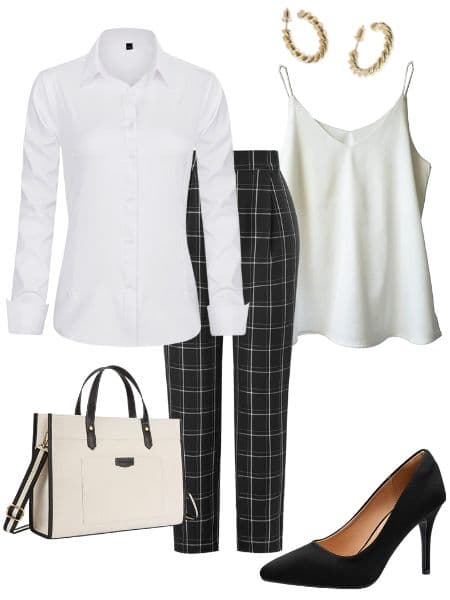 A womans outfit with a white dress shirt, white cami, tote bag, gold hoop earrings, and black heels.