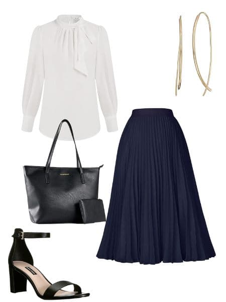 A photo of a white dress shirt, maxi skirt, heels, gold earrings, and a black purse.