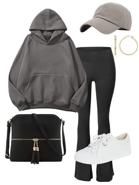 A womens outfit idea of a grey hoodie, grey baseball cap, black purse, white sneakers, black leggings, and gold earrings.