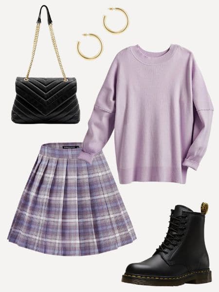 A women's purple outfit idea including a plaid skirt, black purse, black combat boots, gold hoop earrings, and a purple sweater.