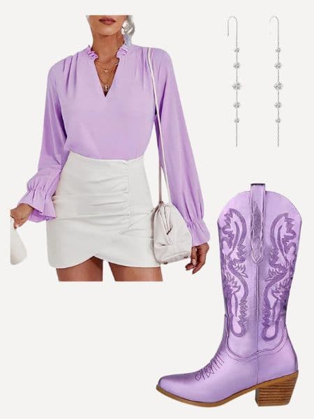 A women's aesthetic purple outfit featuring a purple blouse, white skirt, purple cowboy boots, and silver earrings.