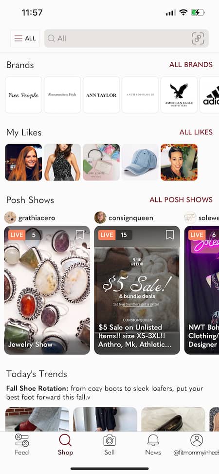 A screenshot of the "Shop" tab in the Poshmark app.