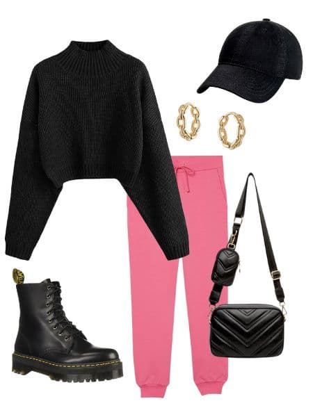 A womens outfit idea with pink sweatpants, black combat boots, a black sweater, gold earrings, a black hat, and a black purse.