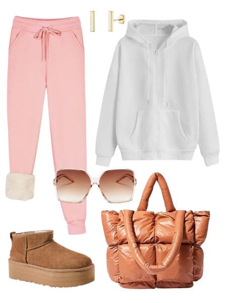 A pin sweatpants outfit for women including fleece sweats, ugg boots, tot bag, zip up hoodie, sunglasses, and gold earrings.