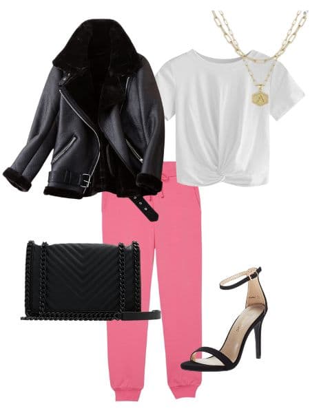 A womens outfit idea with pink sweatpants, a black leather jacket, black purse, white tshirt, gold necklace, and black heels.
