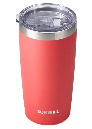 SUNWILL 20oz Tumbler with Lid, Stainless Steel Vacuum Insulated Double Wall Travel Tumbler, Durable Insulated Coffee Mug, Powder Coated Coral, Thermal Cup with Splash Proof Sliding Lid