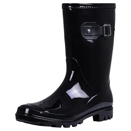 Evshine Women's Mid Calf Rain Boots Waterproof Garden Shoes，Glossy Black，8