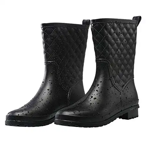 Petrass Women Rain Boots Black Waterproof Mid Calf Lightweight Cute Booties Fashion Out Work Comfortable Garden Shoes, Black 8