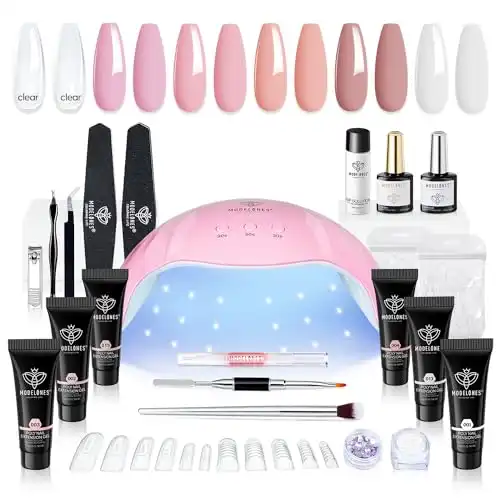 Modelones Poly Nail Gel Kit - 6 Colors with 48W Nail Lamp Poly Extension Gel Clear Pink Nude White Builder Nail kits with Slip Solution Glitter All In One Complete Nail Kit for Starter Home DIY Gift