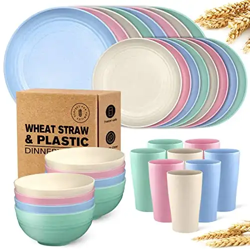 Teivio 32-Piece Kitchen Plastic Wheat Straw Dinnerware Set, Service for 8, Dinner Plates, Dessert Plate, Cereal Bowls, Cups, Unbreakable Plastic Outdoor Camping Dishes, Multicolor