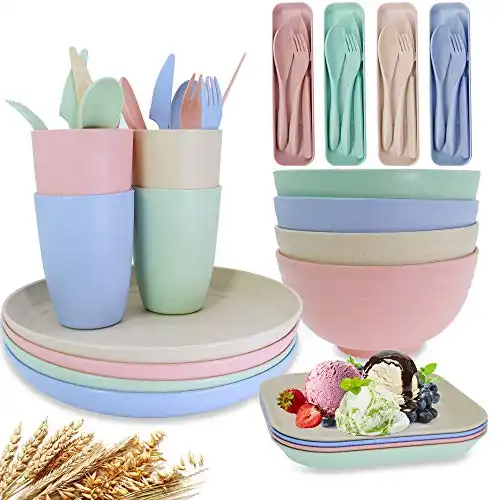 Unbreakable Wheat Straw Dinnerware Sets of 4, Farielyn-X Lightweight Bowls with Plates, Cups, Knives, Forks and Spoons for Camping Picnic, Dishwasher Microwave Safe Plates and Bowls sets, Kids & A...