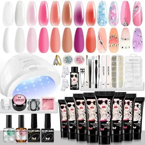 Morovan Poly Gel Nail Kit: Starter Kit 8 Pcs Poly Nail Gel Kit with U V Lamp 48W Complete Poly Gel Kit for Beginners with Everything Professional