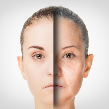 A before and after of a woman aging.