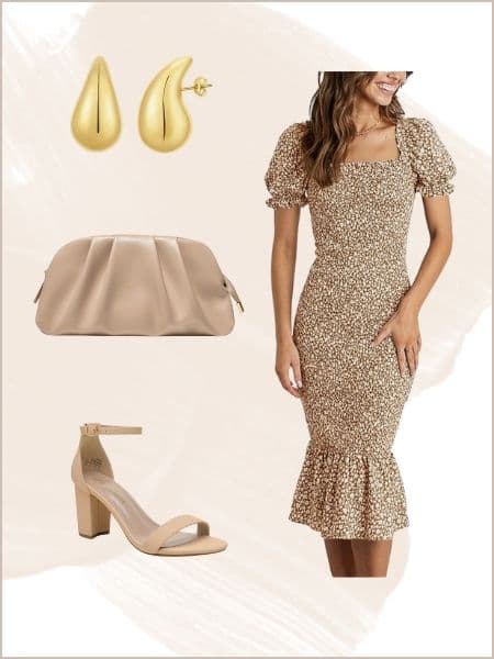 A graduation outfit idea for women with a floral dress, nude heels, nude bag, and gold earrings.